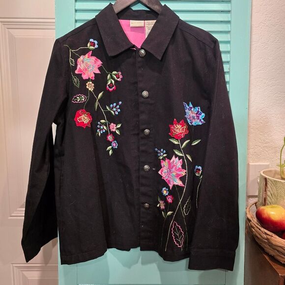 White Stag Black Jean Jacket with Floral Embroidery - Picture 1 of 4